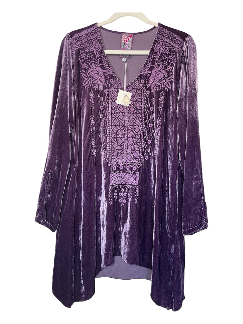 Johnny Was JWLA Velvet Embroidered Tunic Dress M Purple Silk Boho NWT